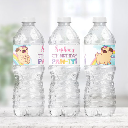 Unicorn Pug Water Bottle Labels, Pug Birthday Water Bottle Label