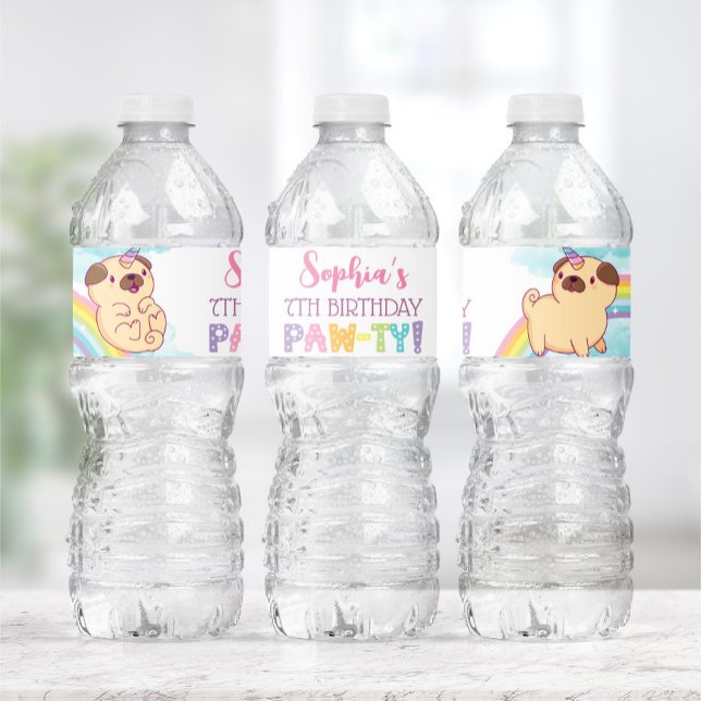 Unicorn Pug Water Bottle Labels, Pug Birthday Water Bottle Label (Creator Uploaded)