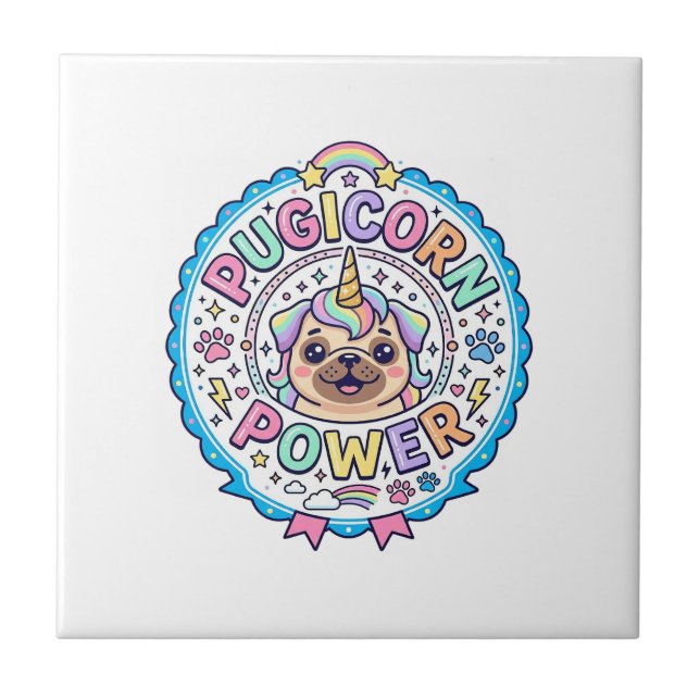 Unicorn Pugicorn Power Funny Cute Gift Design_1 Ceramic Tile (Front)