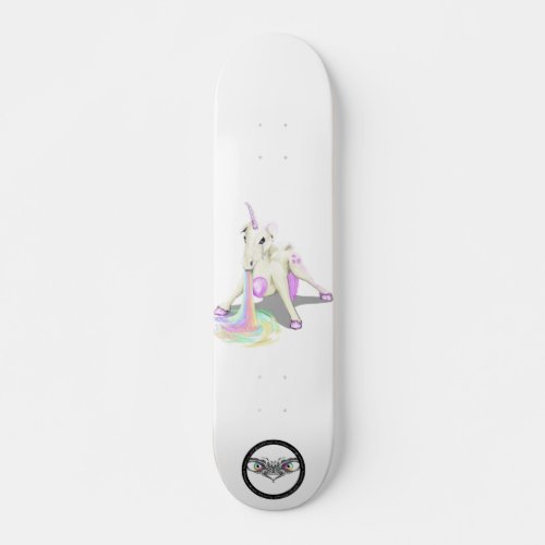 Unicorn puking rainbow purple stars skateboard