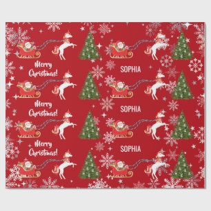 Unicorn Pulling Santa's Sleigh Snow Personalized  Wrapping Paper