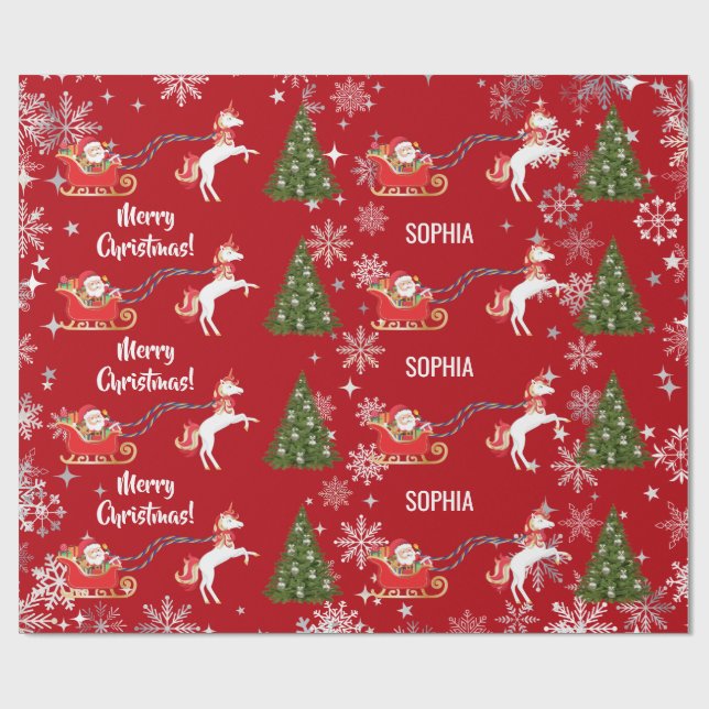 Unicorn Pulling Santa's Sleigh Snow Personalized  Wrapping Paper (Flat)