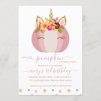 Unicorn Pumpkin Birthday Invitation by NoteworthyPrintables at Zazzle