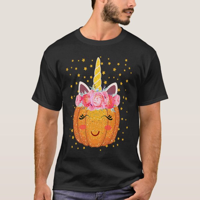 Unicorn Pumpkin Face Floral Thanksgiving Halloween T-Shirt (Front)