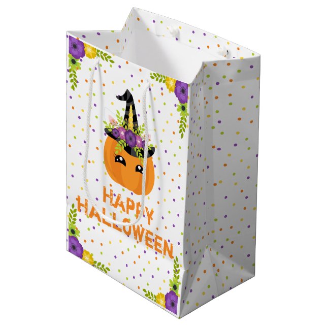 Unicorn Pumpkin Floral Happy Halloween White Mediu Medium Gift Bag (Front Angled)
