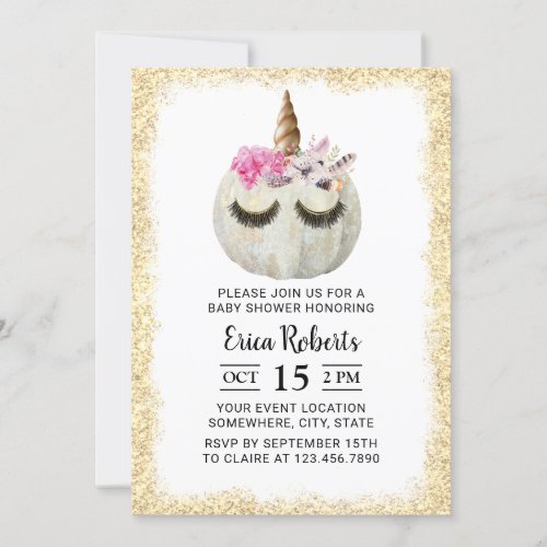 Unicorn Pumpkin Gold Glitter Baby Shower Invitation