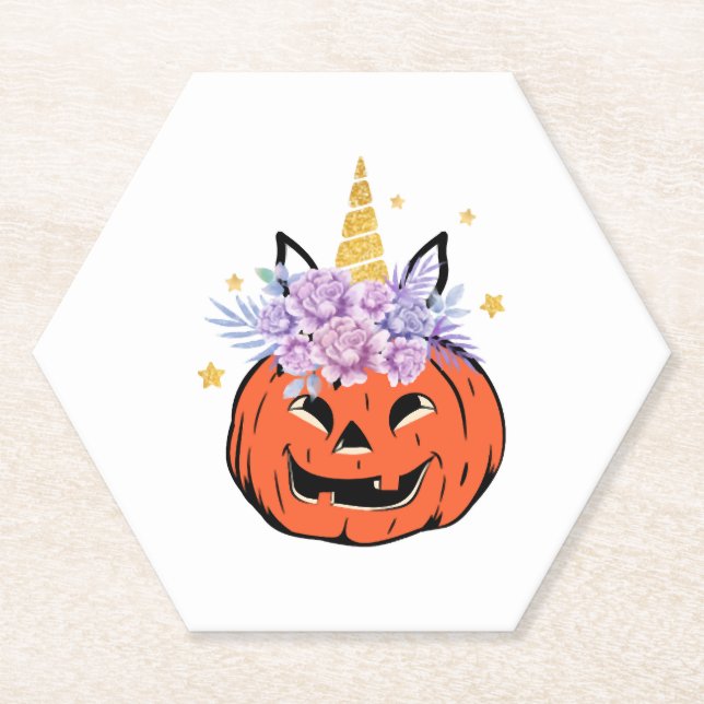 Unicorn Pumpkin Halloween Design Paper Coaster (Front)