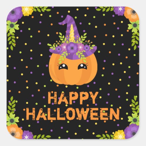 Unicorn Pumpkin Happy Halloween Black Square Stick Square Sticker