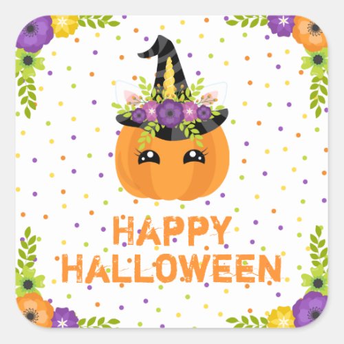 Unicorn Pumpkin Happy Halloween White Square Stick Square Sticker