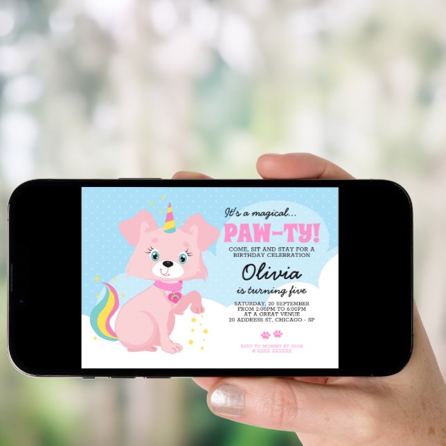 Unicorn Puppy - Unipuppy Girly Birthday Invitation (Front Digital)