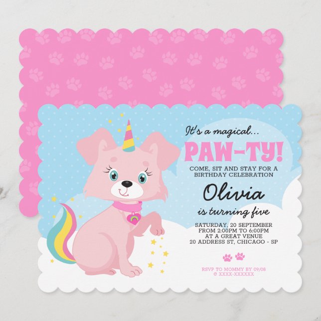 Unicorn Puppy - Unipuppy Girly Birthday Invitation (Front/Back)