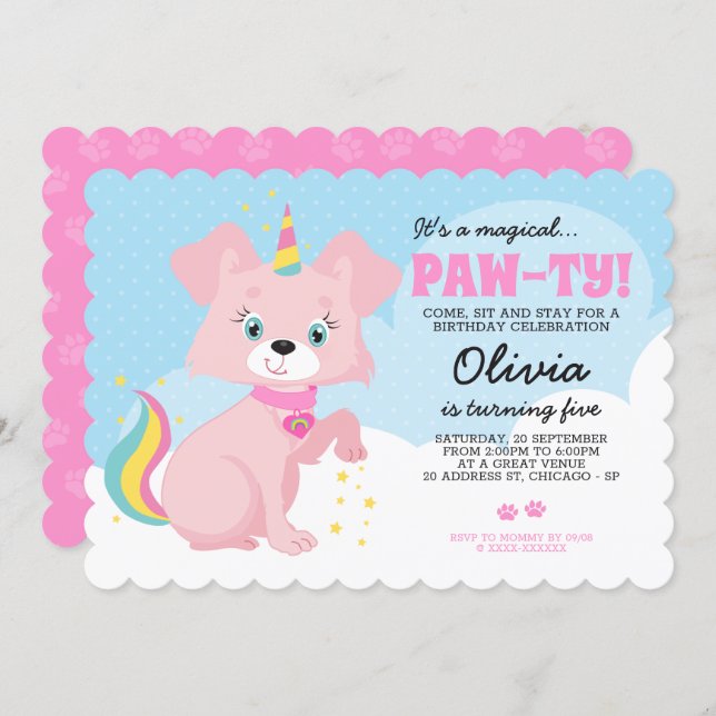 Unicorn Puppy - Unipuppy Girly Birthday Invitation (Front/Back)