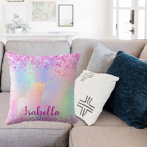 Unicorn purple blush pink glitter name script throw pillow