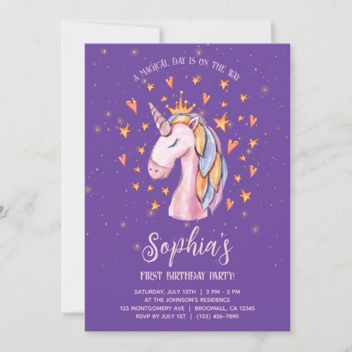 Unicorn Purple Cute Birthday Invitation