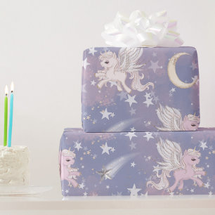 Unicorn Purple Cute Girl Whimsical Stars Wrapping Paper