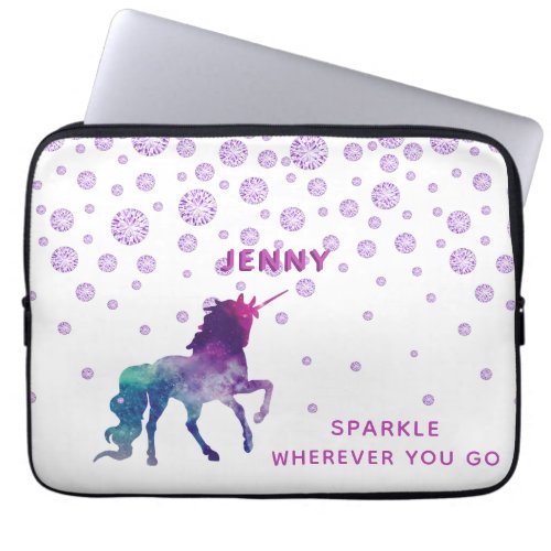 Unicorn purple diamonds white sparkle name quote laptop sleeve