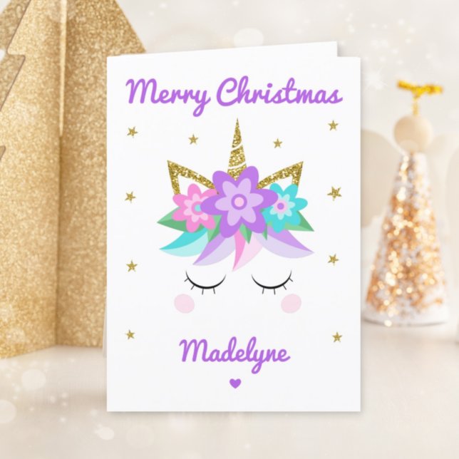 Unicorn Purple Flowers Christmas Personalized Name Holiday Card (Creator Uploaded)