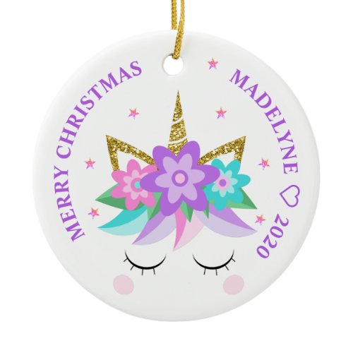 Unicorn Purple Flowers Glitter Personalized Name Ceramic Ornament