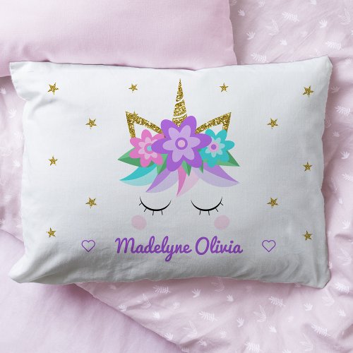 Unicorn Purple Flowers Glitter Stars Personalized Pillow Case