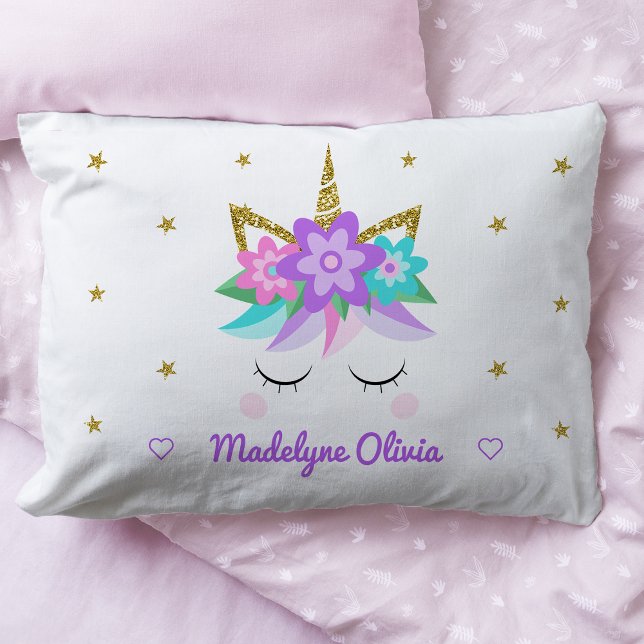 Unicorn Purple Flowers Glitter Stars Personalized Pillow Case (Creator Uploaded)