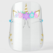 Unicorn Purple Flowers Gold Glitter Stars Face Shield