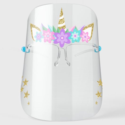 Unicorn Purple Flowers Gold Glitter Stars Face Shield (Front)