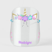 Unicorn Purple Flowers Rainbow Glitter Stars Name Kids' Face Shield