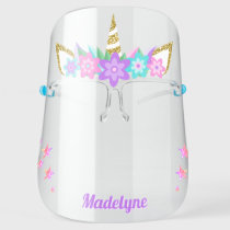Unicorn Purple Flowers Rainbow Glitter Stars Name Face Shield