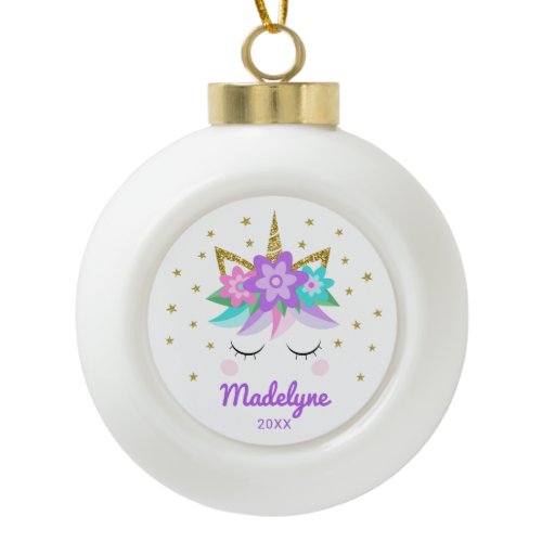 Unicorn Purple Flowers Stars Personalized Name Ceramic Ball Christmas Ornament