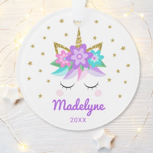 Unicorn Purple Flowers Stars Personalized Name Ornament