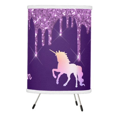 Unicorn purple glitter name girl tripod lamp