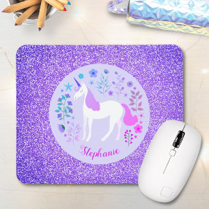 Unicorn Purple Glitter Personalized Name Mouse Pad