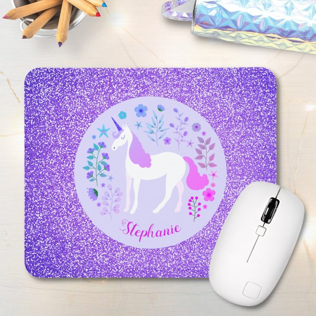 Unicorn Purple Glitter Personalized Name Mouse Pad (Creator Uploaded)