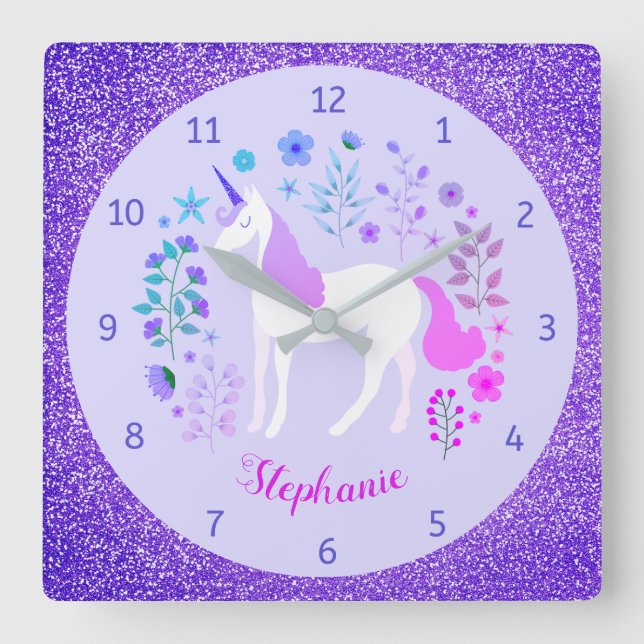 Unicorn Purple Glitter Personalized Name Square Wall Clock (Front)