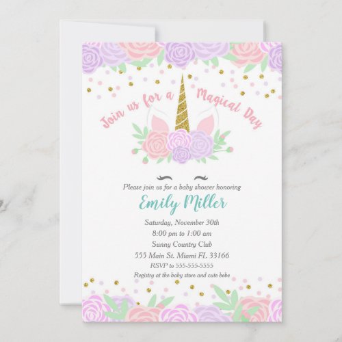 Unicorn purple gold pink baby shower invitation