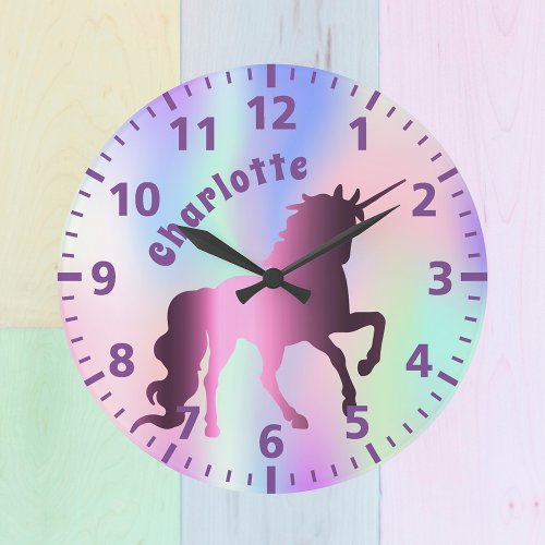 Unicorn purple holographic name girl large clock