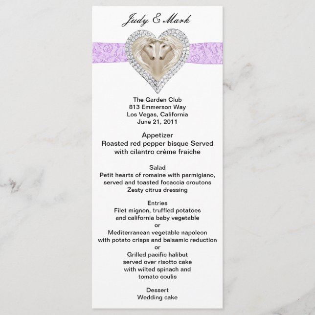 Unicorn Purple Lace Wedding Menu Card (Front)