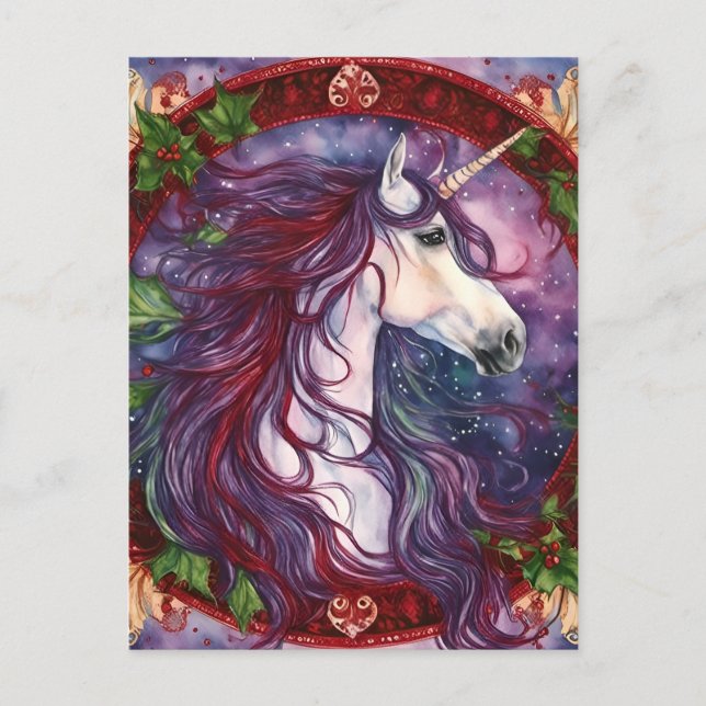 Unicorn Purple Mane Christmas Postcard (Front)