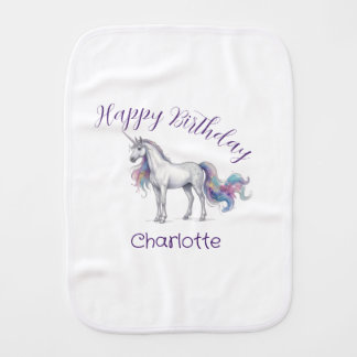 unicorn purple maron happy birthday kids name cute baby burp cloth