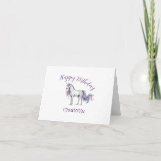 unicorn purple maron happy birthday kids name cute thank you card