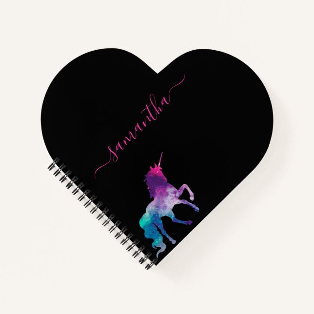 Unicorn purple pink black monogram script notebook (Front)