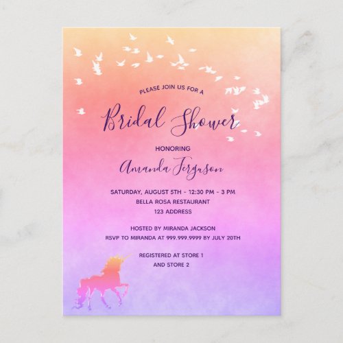 Unicorn purple pink Bridal Shower invitation Postcard