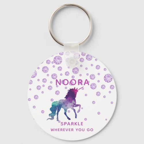 Unicorn purple pink diamonds white sparkle name keychain