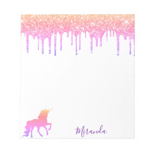 Unicorn purple pink glitter drips white name notepad