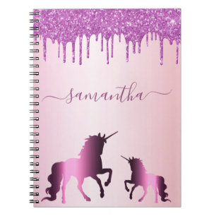 Unicorn purple pink glitter name script notebook