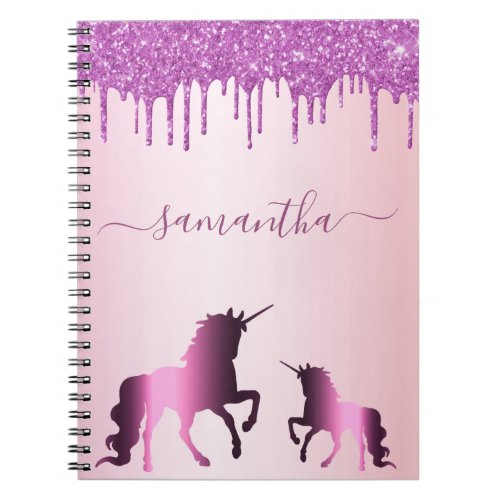 Unicorn purple pink glitter name script notebook