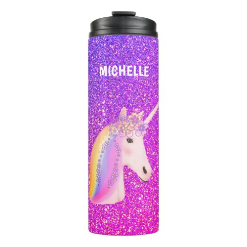 Unicorn Purple Pink Glitter Personalized Thermal Tumbler