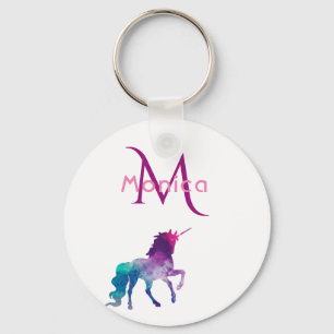 Unicorn purple pink white monogrammed keychain