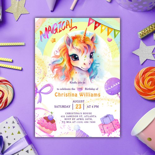 Unicorn Purple Rainbow Birthday Invitation