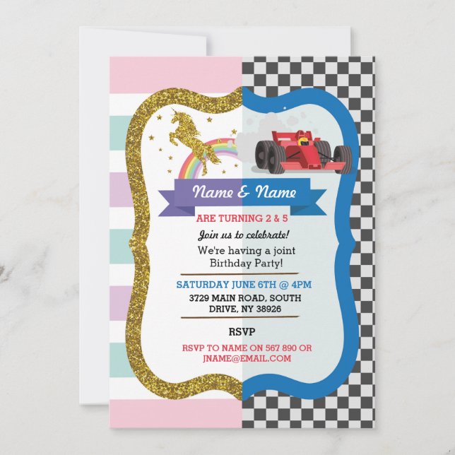 Unicorn & Race Car Joint Boy Girl Birthday Invites (Front)